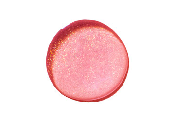 Large rose gold drop. Or liquid pink with sparkles. Isolated on a white background. Laboratory, chemistry, cosmetics, glitter.