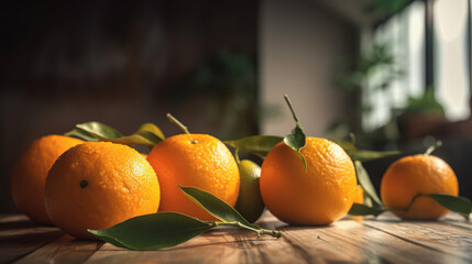 juicy ripe oranges on table against blurred background. Generative AI