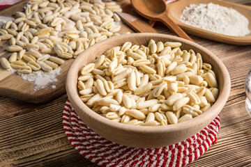 Fresh uncooked cavatelli pasta.