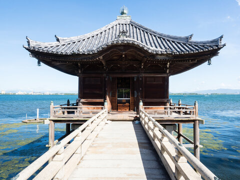 Otsu, Japan - August 21, 2018: Ukimido pavilion on the shores of Lake Biwa (one of the Eight Views of Omi)