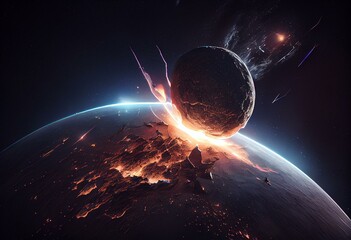 Obraz na płótnie Canvas A glowing meteor collides with Earth. Generative AI