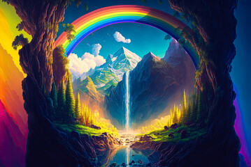 Rainbow landscape, mountains with waterfall, colorful, fantasy. Generative AI