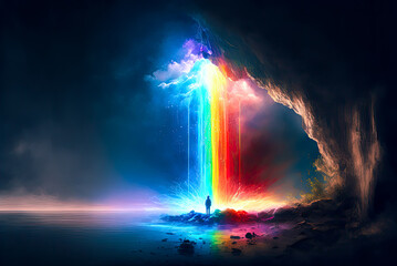 Rainbow landscape, waterfall, colorful, fantasy. Generative AI