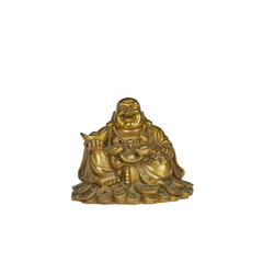 Brass figurine of a seated Buddhist god Hotei with a bowl of wealth on a white background.