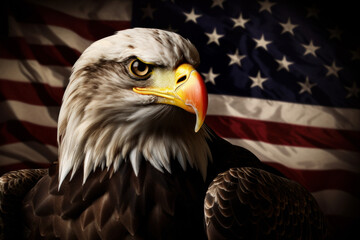 Eagle in front of a usa stars and stripes flag. Generative ai
