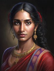 Beautiful Indian woman in traditional dress and jewelry, Generative AI illustration