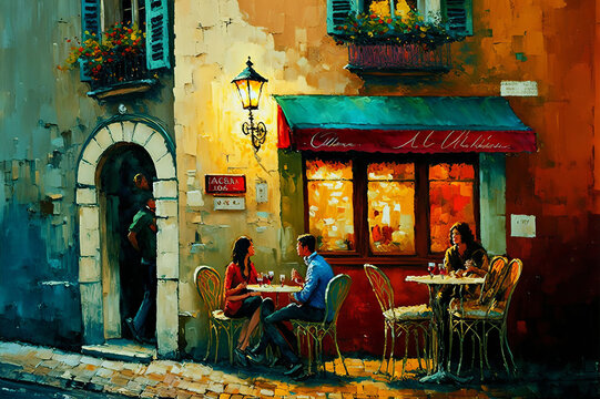 A classic and iconic French cafe scene in a rich palette of vibrant colors. Use this image to represent French culture and hospitality. Generative AI
