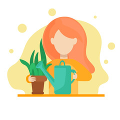 flat vector red girl watering from a watering can houseplant in a pot