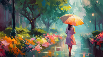 With a smile on her face, the girl walks through the rain, appreciating the beauty of spring. Generative AI