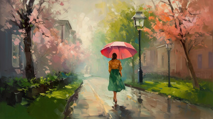 With a smile on her face, the girl walks through the rain, appreciating the beauty of spring. Generative AI