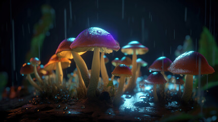 Fantastic world of mushrooms. Glowing mushrooms in the night forest. Night landscape. generative
