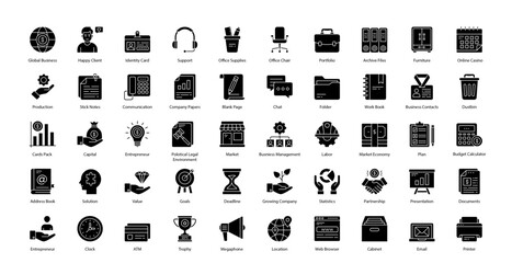 Fototapeta na wymiar Essentials Glyph Icons Office Hardware Workplace Icon Set in Glyph Style 50 Vector Icons in Black