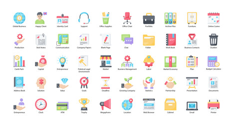 Essentials Flat Icons Office Hardware Workplace Icon Set in Color Style 50 Vector Icons 