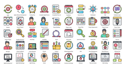 Agile Development Color Line Icons Project Management Icon Set in Filled Outline Style 50 Vector Icons