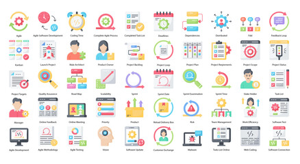 Fototapeta na wymiar Agile Development Flat Icons Project Management Icon Set in Color Style 50 Vector Icons 