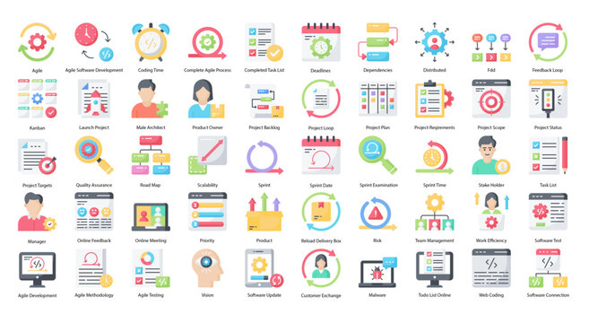 Agile Development Flat Icons Project Management Icon Set in Color Style 50 Vector Icons 