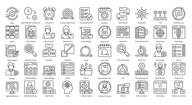 Agile Development Thin Line Icons Project Management Icon Set in Outline Style 50 Vector Icons in Black