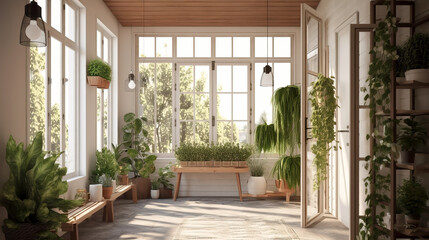 Modern room minimalism with lots of plants. AI generated