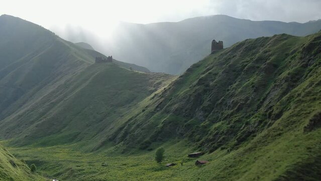 Aerial drone view of historical castle Mutso in Khevsureti, Georgia