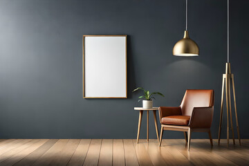 Living room with a beautiful and stylish brown leather armchair in front of a dark empty wall with a blank poster frame mockup | Interior design of a living room | Generative Ai | Indoor Décor