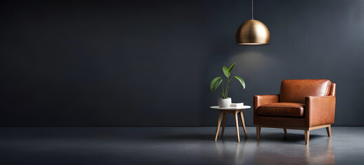 A beautiful and stylish brown leather armchair in front of a dark grey empty wall | Interior design of a modern and luxurious living room with wooden floor | Generative Ai | Indoor Décor | Banner