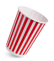 Striped empty popcorn bucket isolated on white background.