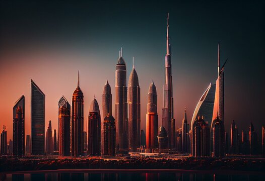 Luxurious Dubai skyline, center of the UAE. Generative AI