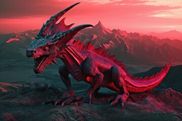 A beautiful red dragon on the mountains. Generative AI.
