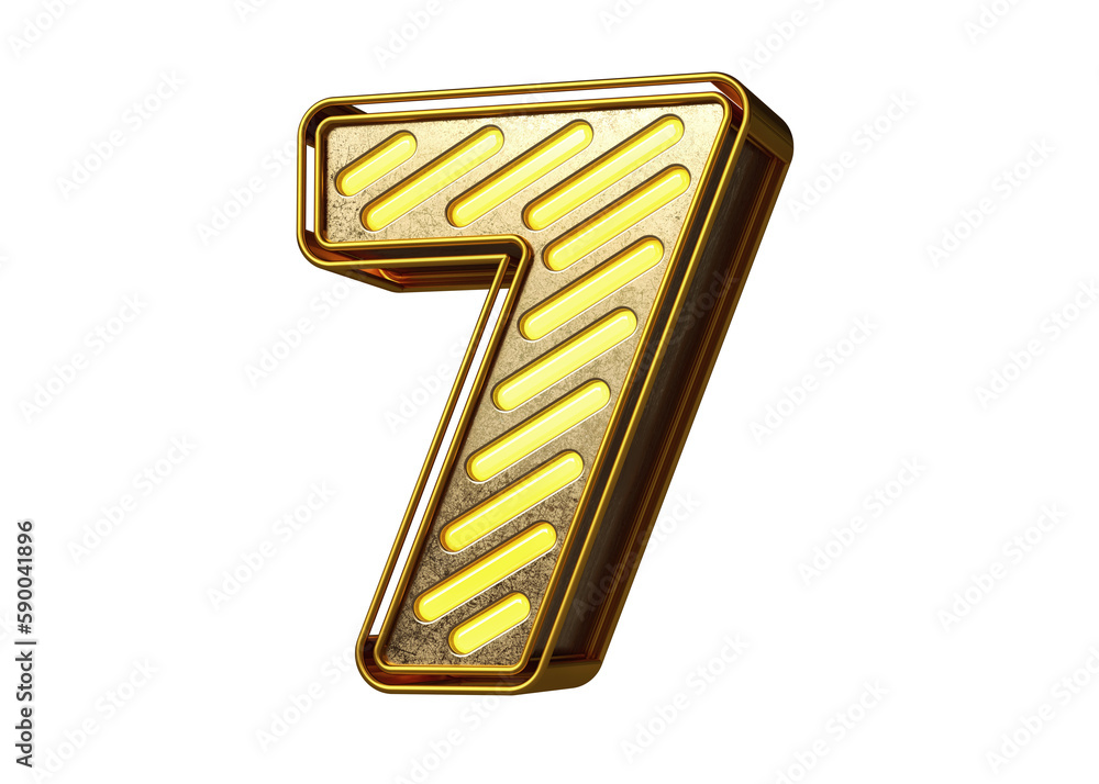 Poster gold shining neon font digit number 7. nice typeface for the creation of titles, ad headers and eye-
