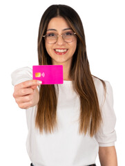 Showing blank credit card, portrait of beautiful girl. Transparent png image of long haired smiling sweet lady standing over isolated white background, copy space. Online shopping concept idea.