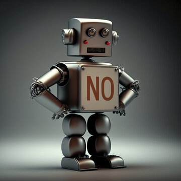 Robot with crossed arms confronted to a "no" symbol; Ideal image for marketing campaigns related to AI and technology, displaying a sense of defiance and resistance. Generative AI