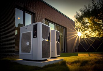 Outside-mounted air heat pumps for modern homes. Generative AI - obrazy, fototapety, plakaty