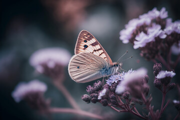 Fototapeta na wymiar This image represents the symbol of transformation that is the butterfly. The soft colors, delicate style and delicate wings suggest growth and renewal. Generative AI