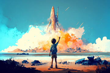 boy waving goodbye to spaceship, Generative AI - obrazy, fototapety, plakaty