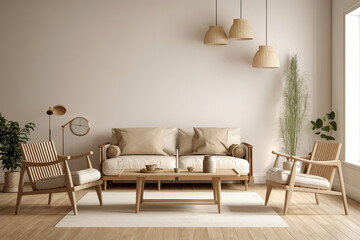 Interior of a beige living room decorated in a Scandinavian farmhouse style with natural wood furnishings. Wall background mockup