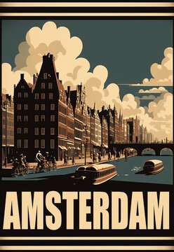 Old Amsterdam poster from the 1930s with monuments such as Anne Frank House and Rijksmuseum, light blue sky and some clouds with muted colors and flat design. Generative AI