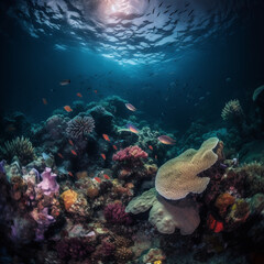 coral reef underwater photograph with colorful corals and fish swimming around, the sunlight dimm - Generative AI