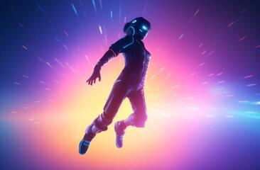 A poster that shows a person jumping up and down in joy with dramatic lighting effects in cypherpunk style. Generative AI.