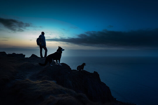 Hiker and his dog enjoying the view from the top of the mountain, sea of fog silhouetted - Generative AI