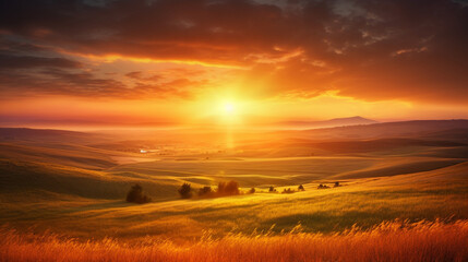 Fototapeta premium Stunning sunset view of landscape from the top of a mountain - Generative AI