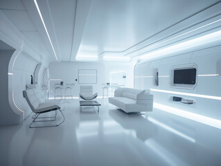 Minimalist white living room interior with sofa, generative ai
