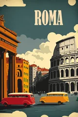  A vintage 1950s Rome poster with the Colosseum and Pantheon in the backdrop against a cloudy sky. Bright colors and flat design create a minimalistic, historical feel. Generative AI © XaMaps