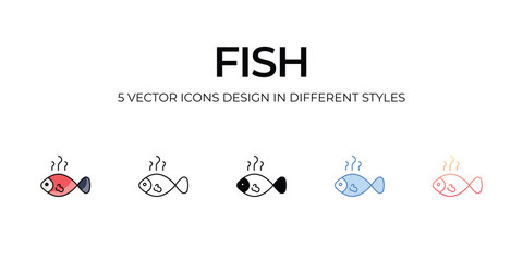 Fish Icon Design in Five style with Editable Stroke. Line, Solid, Flat Line, Duo Tone Color, and Color Gradient Line. Suitable for Web Page, Mobile App, UI, UX and GUI design.