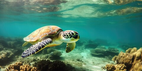 Fototapeta premium Turtle swimming underwater with a coral reef. With copyspace. Generative ai.