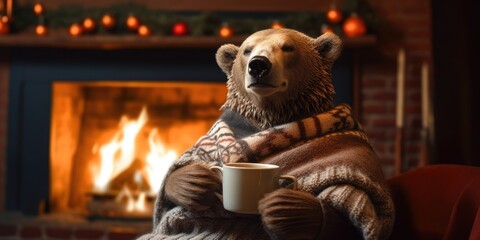 Bear wearing a sweater and sipping hot cocoa in front of a fireplace, with copyspace. Generative ai.