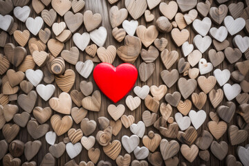 Obraz premium A Heart Apart The Red Heart Standing Out Among Wooden Hearts