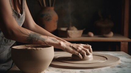 Artist in their pottery studio, creating a beautiful clay pot, with a copyspace. Generative ai.
