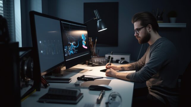 Artist in their graphic design studio, working on a computer and surrounded by creative tools, with a copyspace. Generative ai.