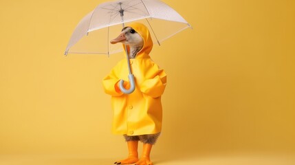 Duck in a raincoat and rain boots, holding an umbrella, with a copyspace. Generative ai.