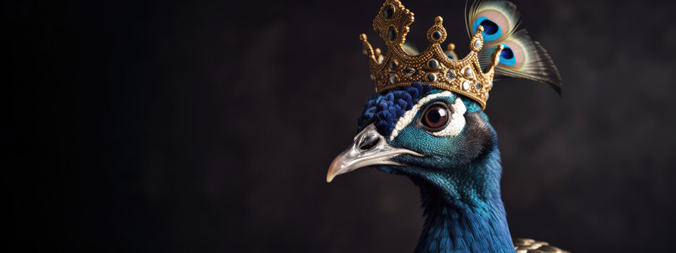 proud peacock dressed as a royal king, animal banner with empty space for text (created with Generative AI)